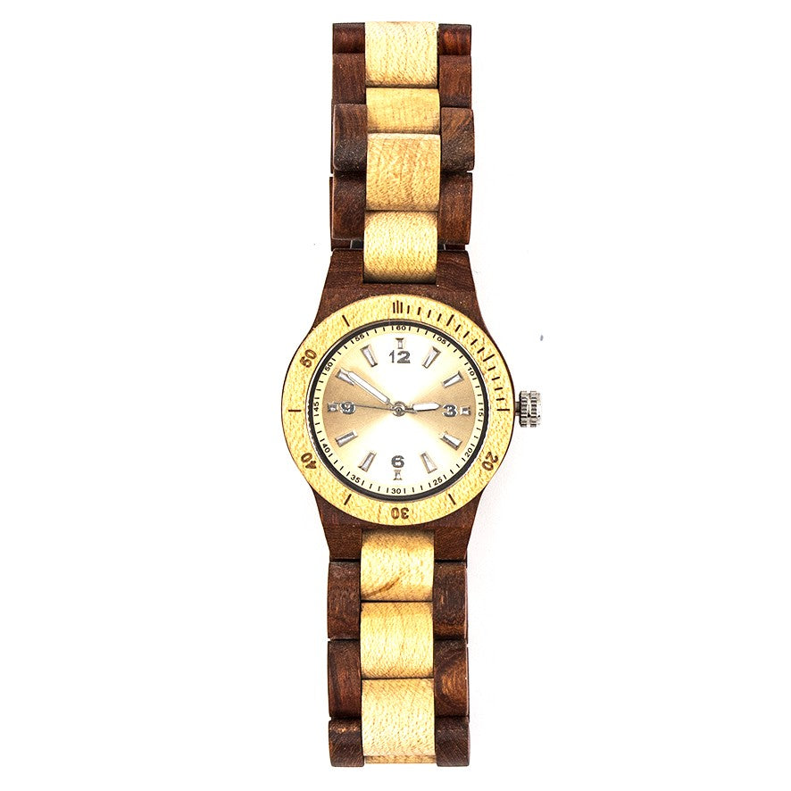 Wooderland Titania watch featuring a two-tone rosewood and light wood link strap with a silver dial and bezel.