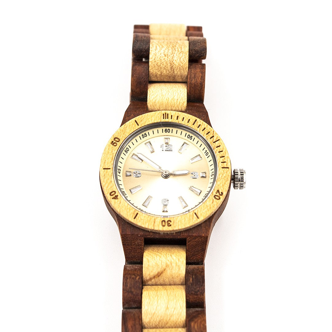Wooderland Titania watch featuring a two-tone rosewood and light wood link strap with a round quartz dial.