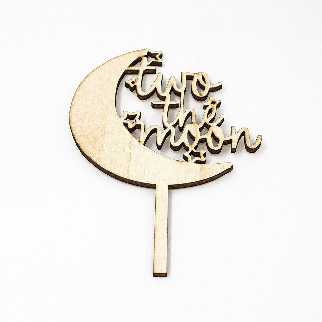 Wooderland Two the Moon wooden cake topper for a 2nd birthday party in natural plywood finish