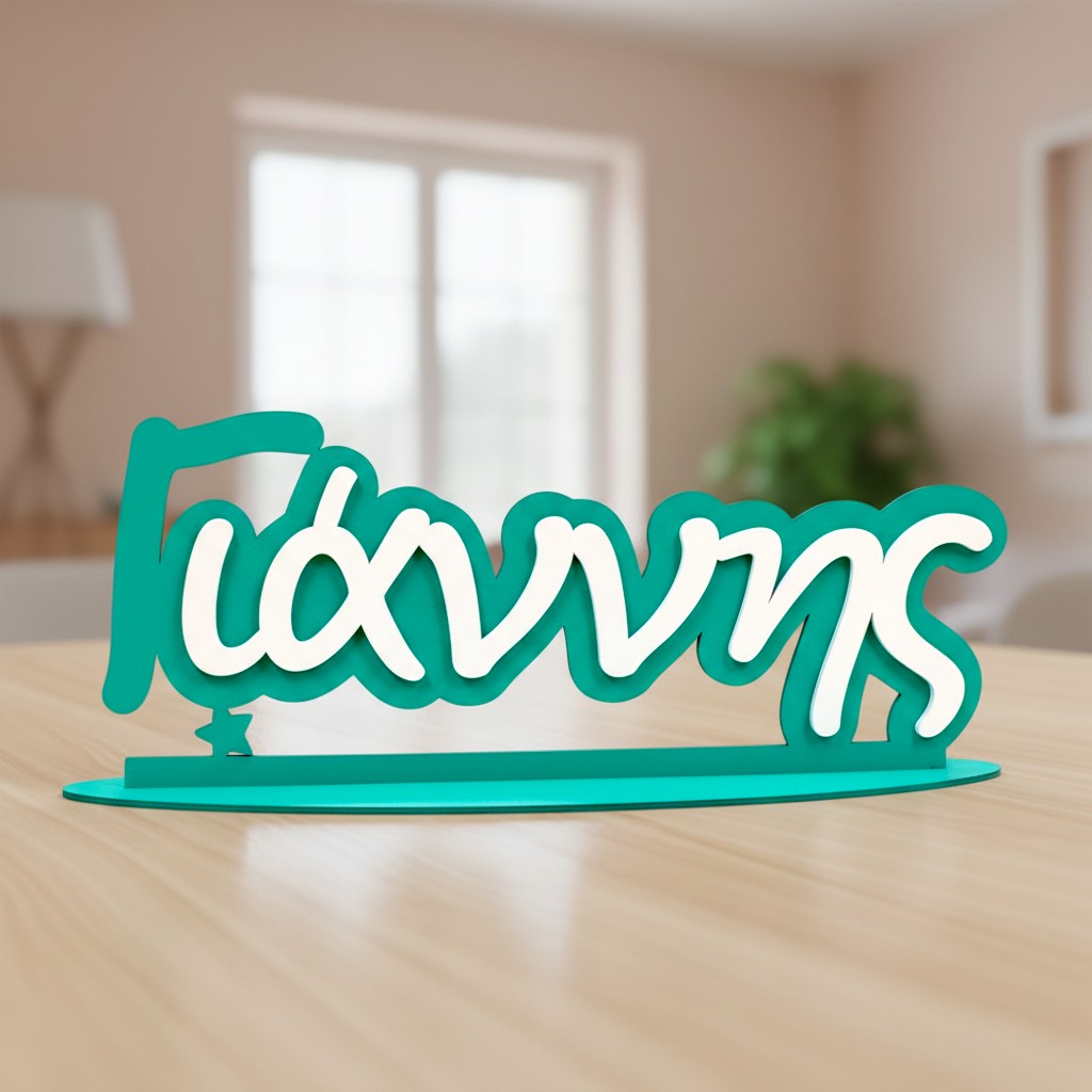 Wooderland custom two-tone wooden name stand with teal and white lettering on a wooden tabletop