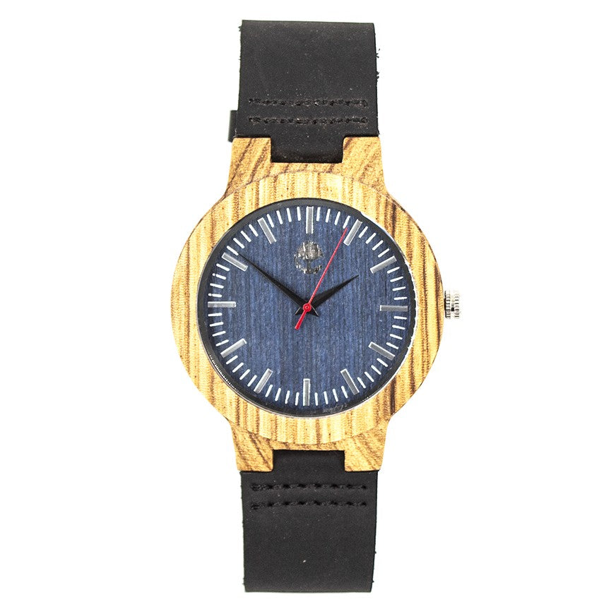 Wooderland Uranus watch featuring a natural zebra wood case, blue dial, and black leather strap.