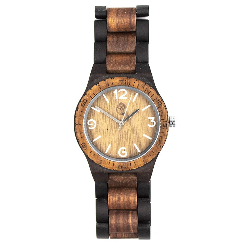 Wooderland Venus wooden quartz watch with a two-tone bamboo and walnut wood link strap and round case.