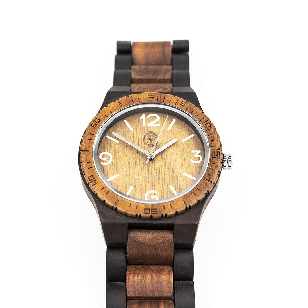 Wooderland Venus wooden watch with a bamboo and walnut face, dark wood link strap, and quartz movement.