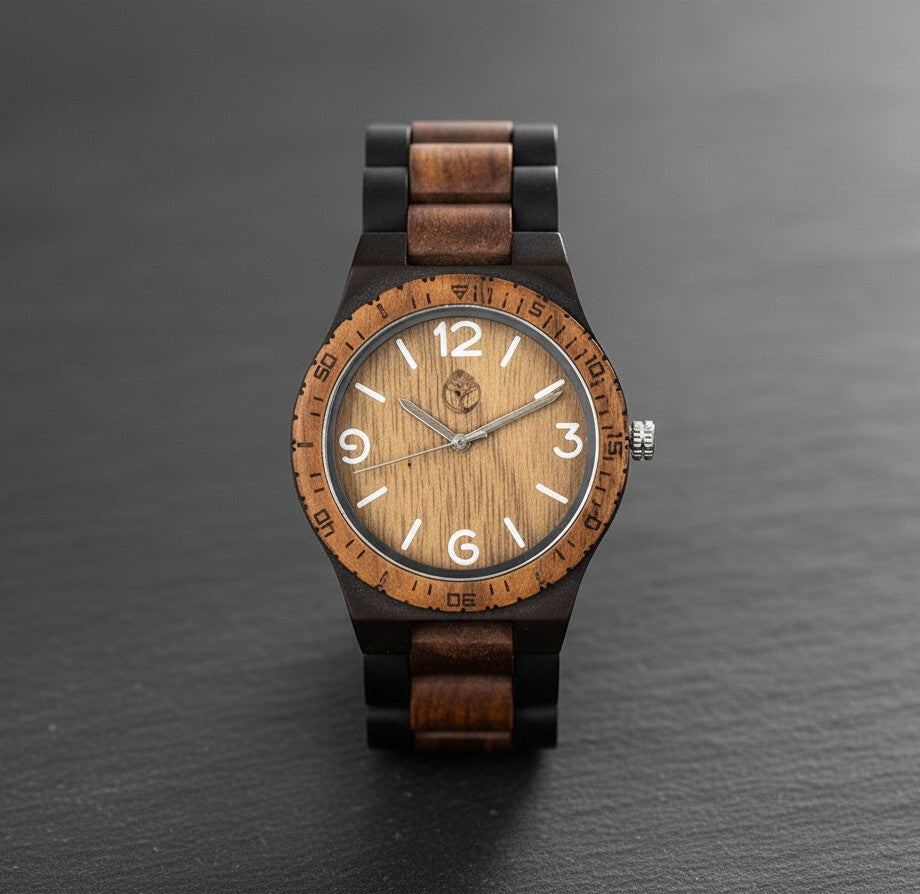 Wooderland Venus wooden watch with a bamboo and walnut face, dark wood link strap, and quartz movement.