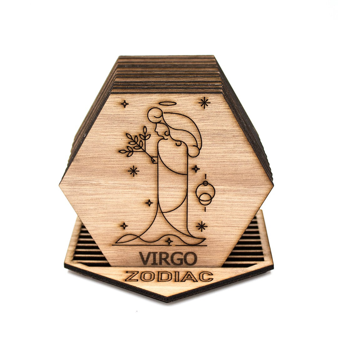 Wooderland Virgo zodiac coaster made of laser-engraved ocume wood with a hexagonal shape and minimalist design.
