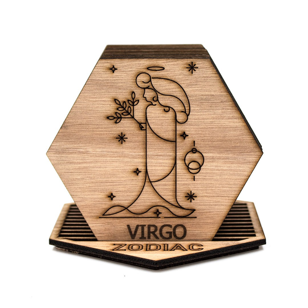 Wooderland hexagonal Virgo zodiac coaster made of natural ocume wood with intricate laser-engraved astrological art