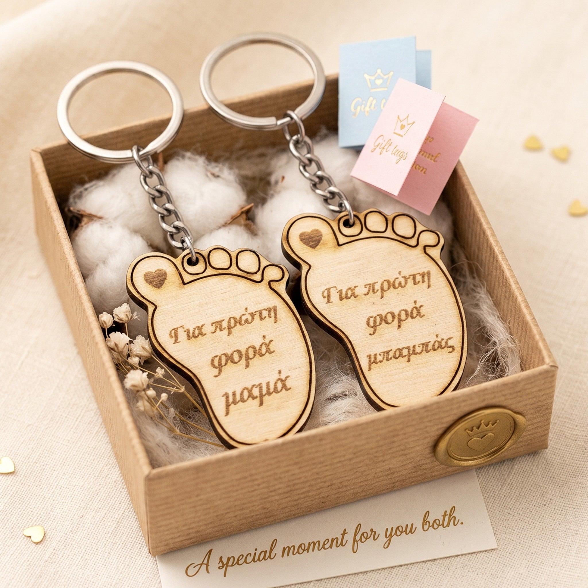 Wooderland personalized wooden baby footprint keyrings for new parents in a gift box with decorative heart accents