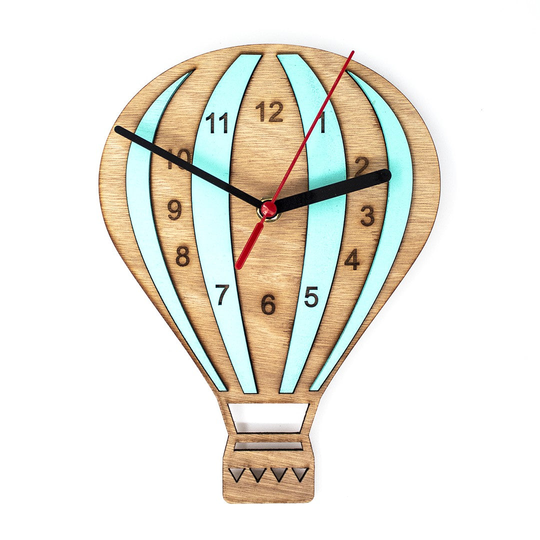 Wooderland wooden hot air balloon wall clock with teal accents, black numerals, and silent quartz movement.