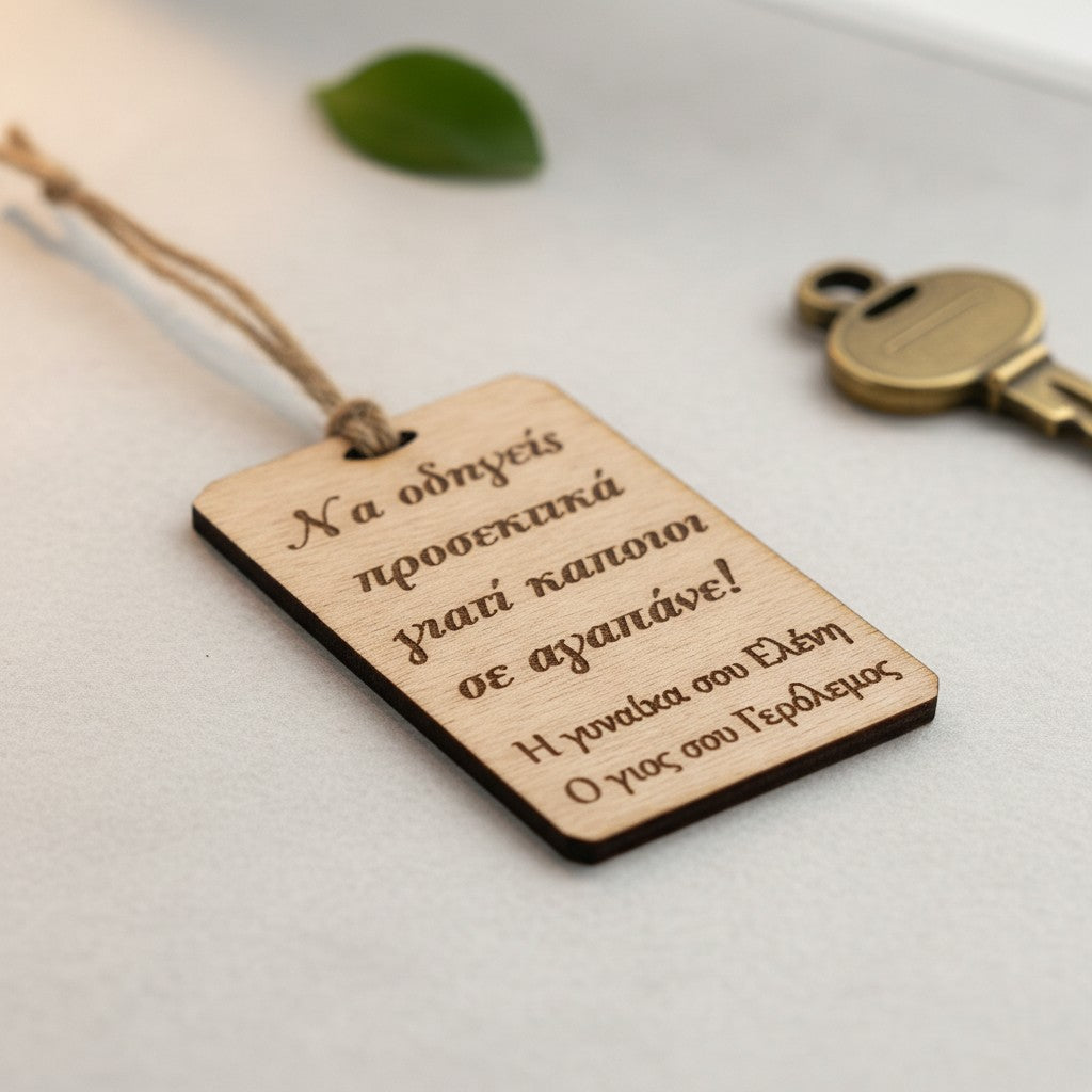 Wooderland wooden car mirror hanger with engraved Greek message for dad, hanging on a rustic twine string.