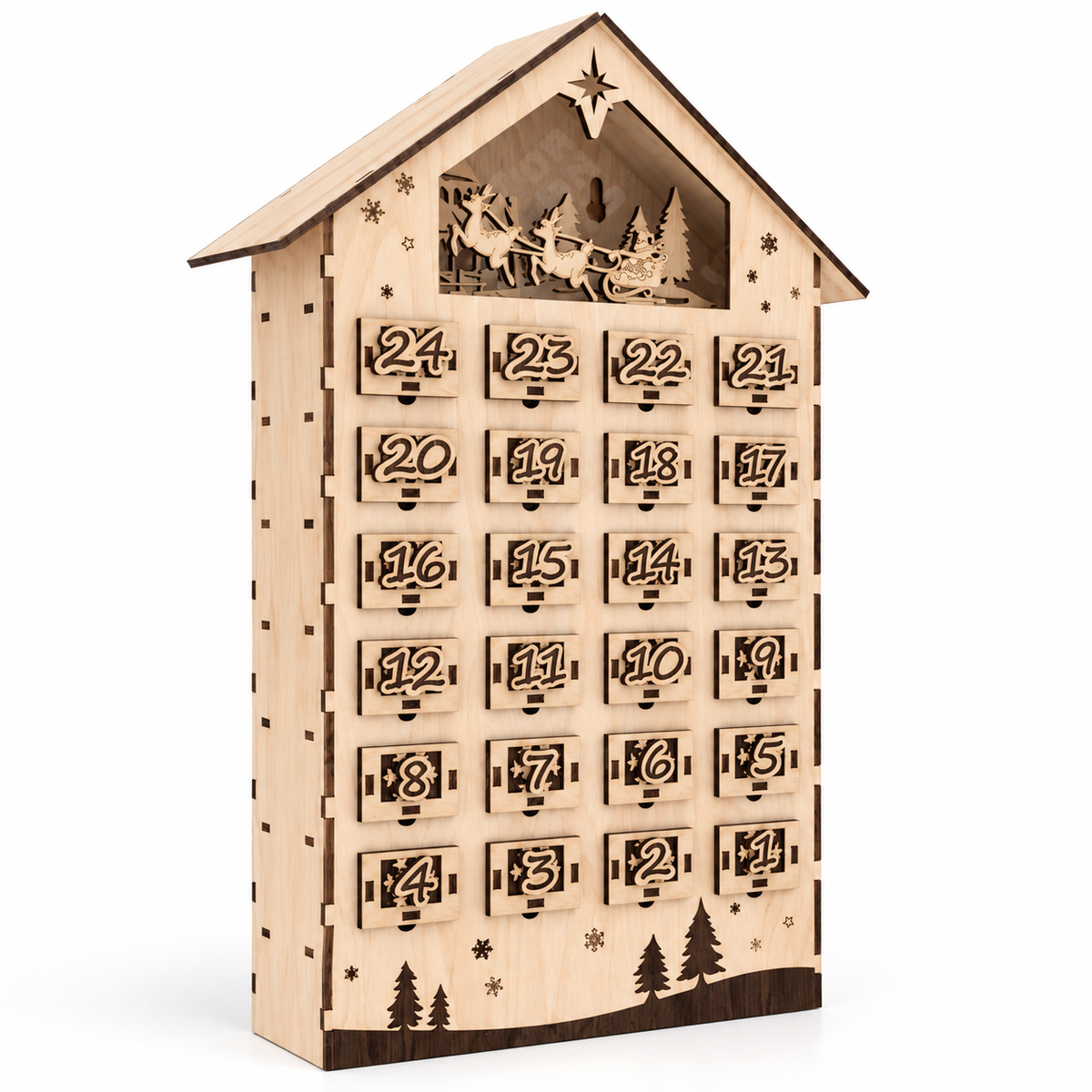 Wooden Christmas advent calendar house with 24 drawers on white background