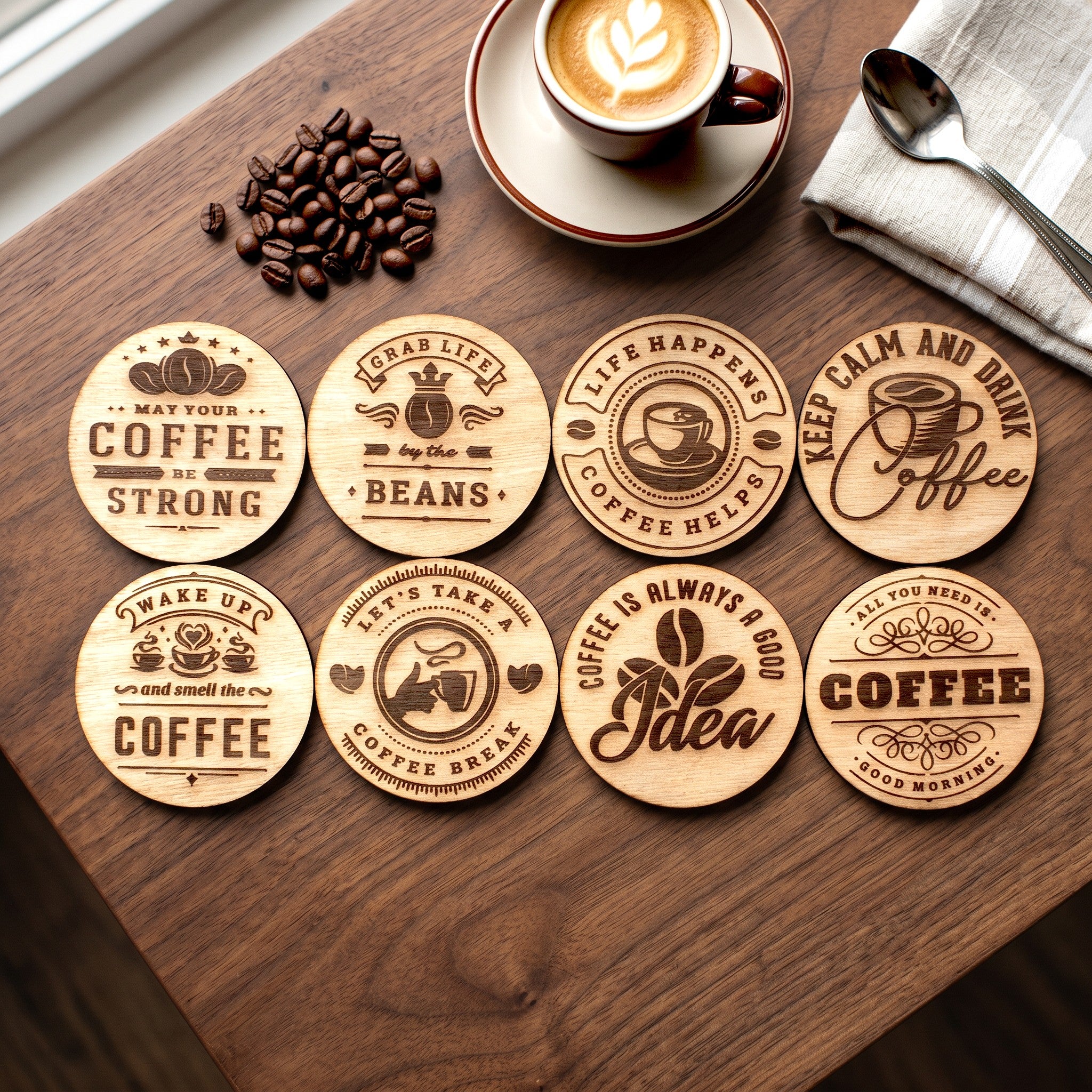 Wooderland set of eight rustic wooden coffee coasters with engraved coffee-themed quotes on a wooden table.