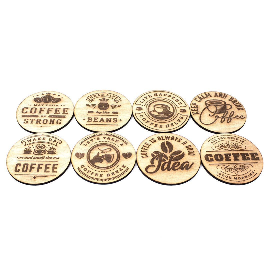 Wooderland set of eight round wooden coasters featuring laser-engraved coffee-themed quotes and illustrations.