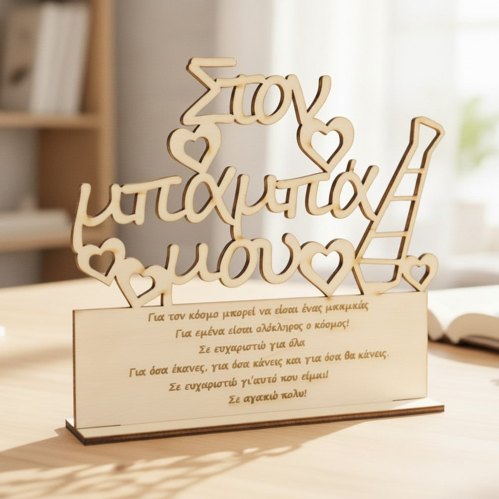 Wooderland wooden desk plaque for Dad with Greek engraved message and heart cutouts on a light wooden base.