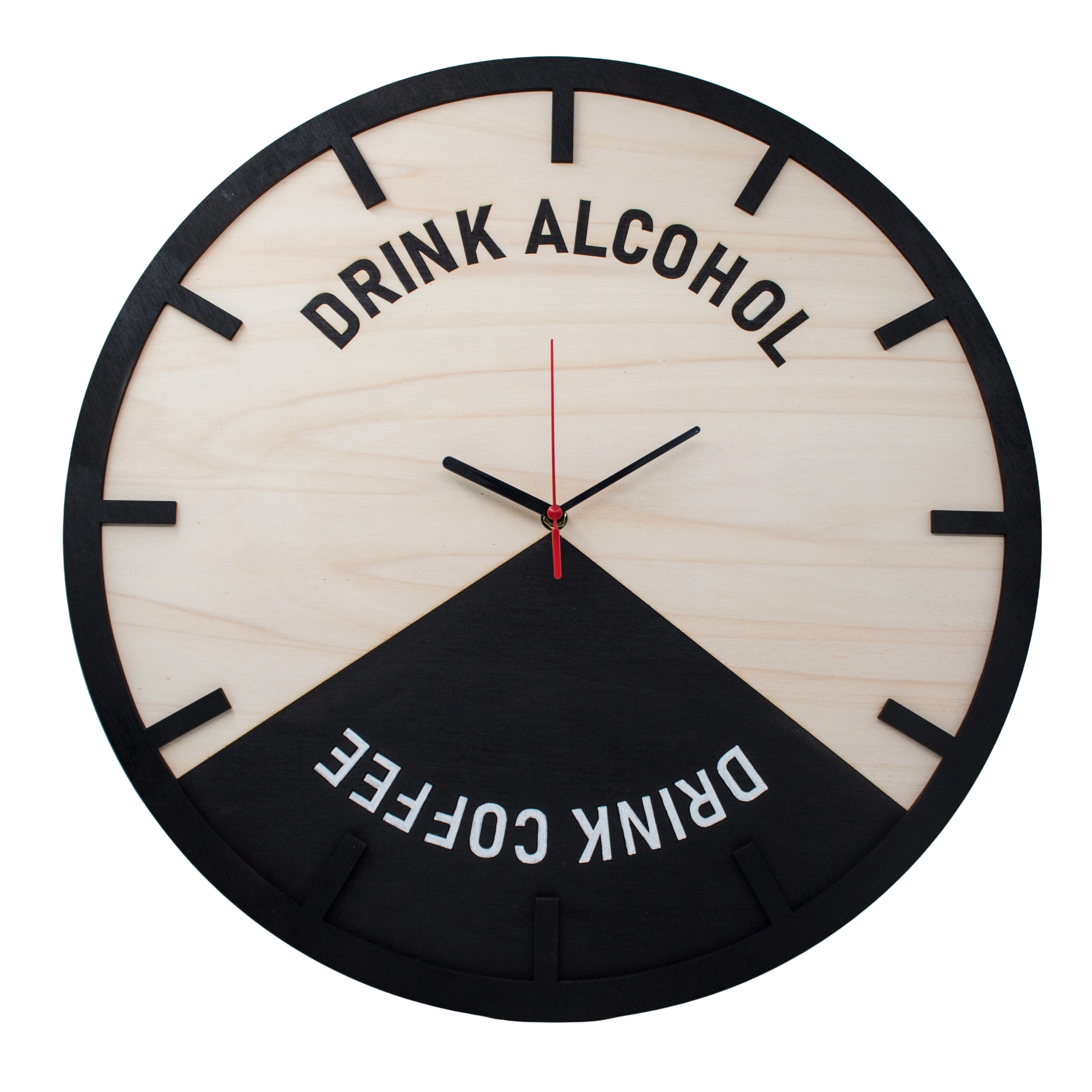 Wooderland 55cm wooden wall clock with a black and natural wood finish featuring Drink Alcohol and Drink Coffee text.
