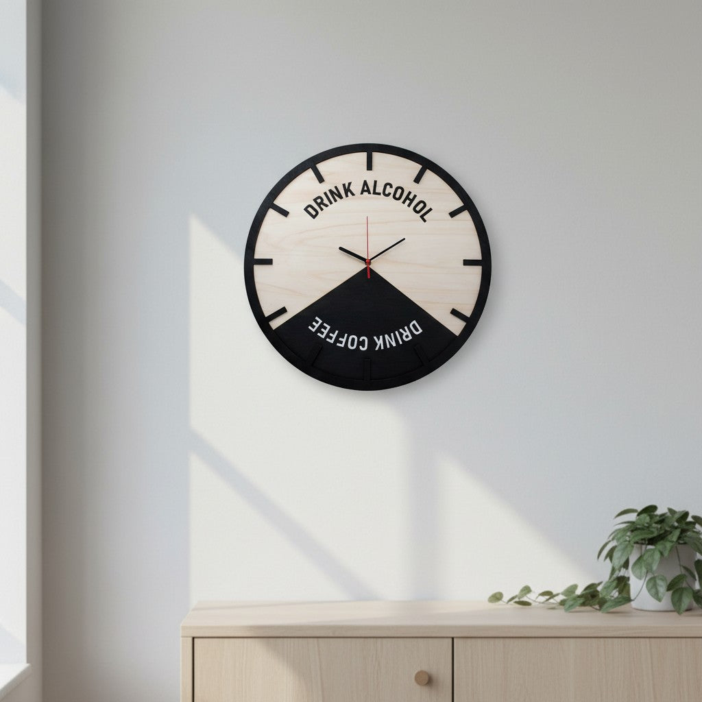Wooderland 55cm wooden wall clock with black and natural wood finish featuring Drink Alcohol and Drink Coffee text.