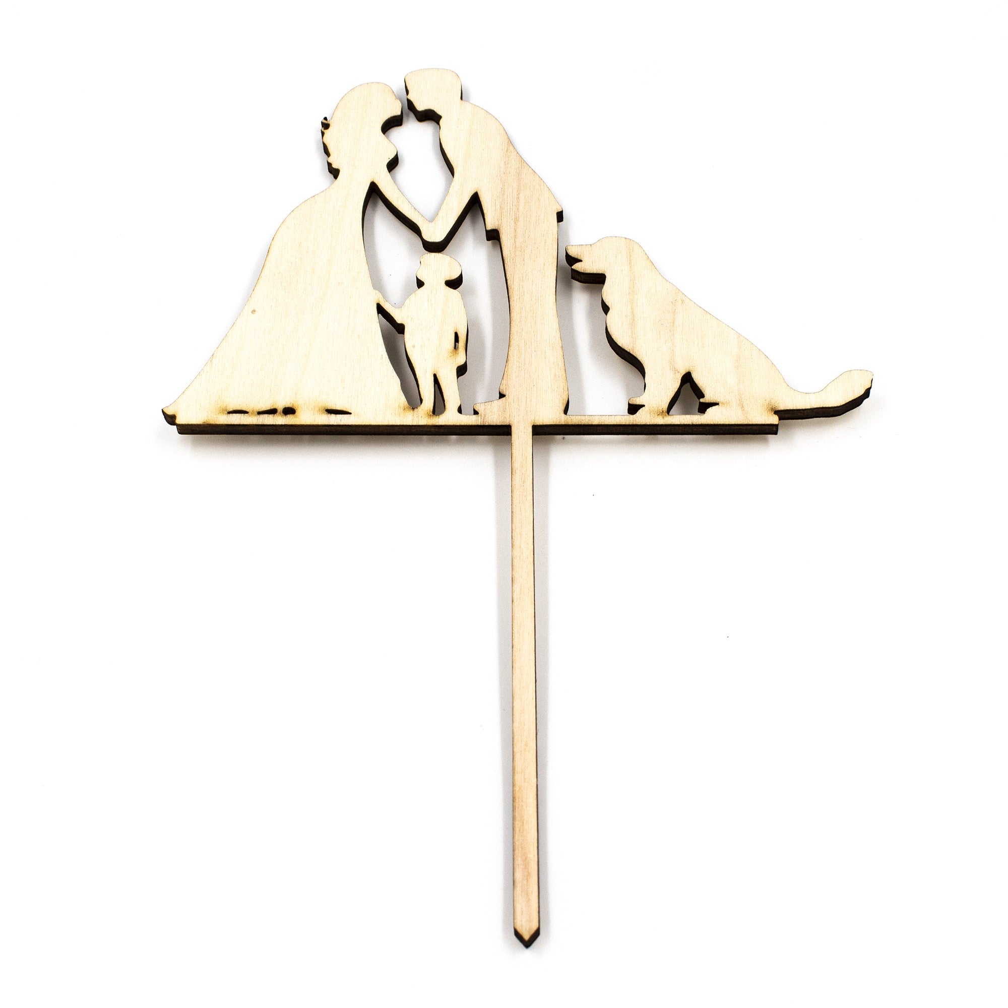 Wooderland wooden wedding cake topper featuring a bride, groom, child, and dog silhouette on a white background.