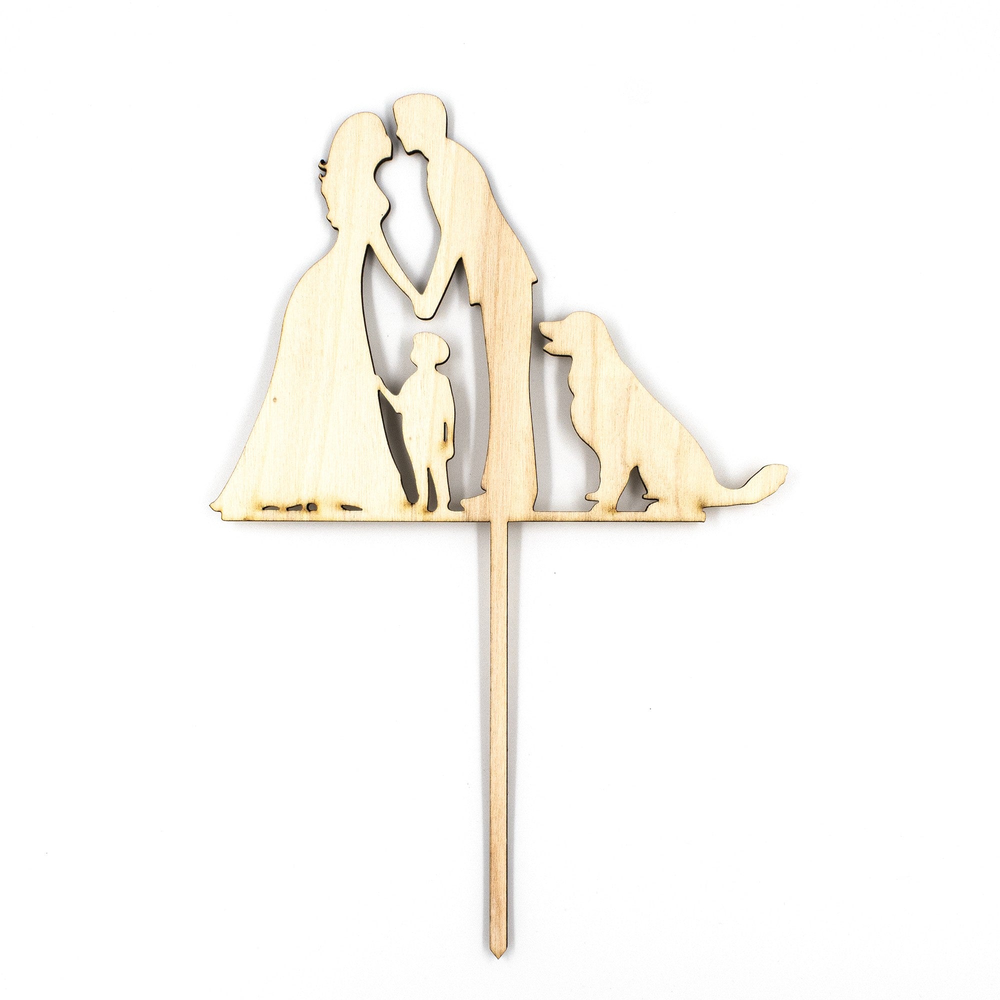 Wooderland wooden wedding cake topper featuring a bride, groom, child, and dog silhouette on a white background.