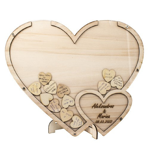 Wooderland personalized wooden heart guest book with acrylic cover and small wooden hearts for wedding messages.