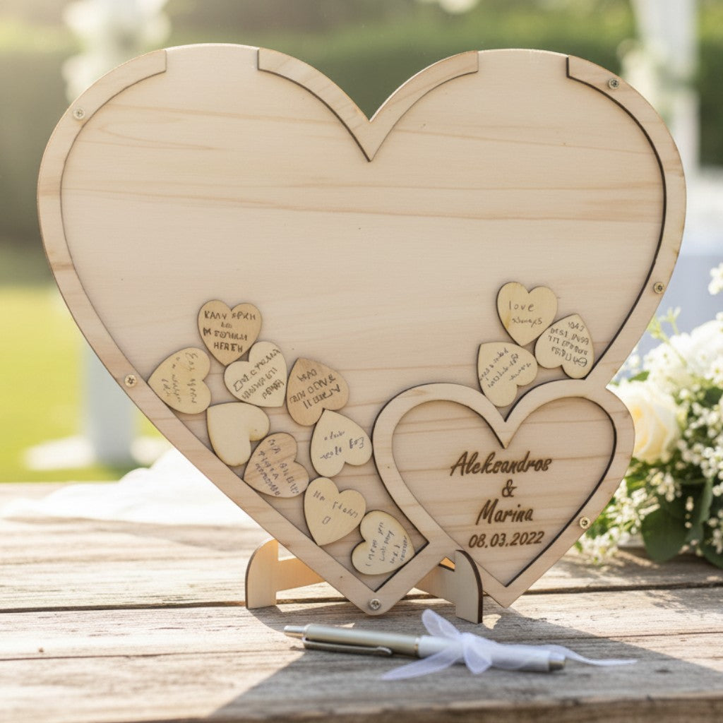 Wooderland personalized wooden heart guest book with small wooden hearts for wedding messages on a table.