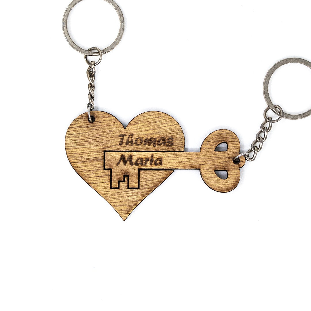 Wooderland matching wooden heart and key keyring set with engraved names for couples