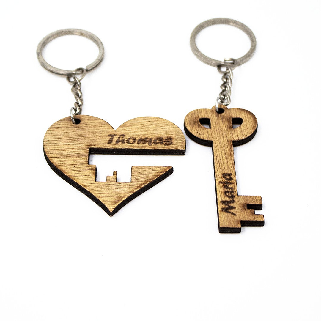 Wooderland matching heart and key wooden keyrings engraved with names for couples or best friends