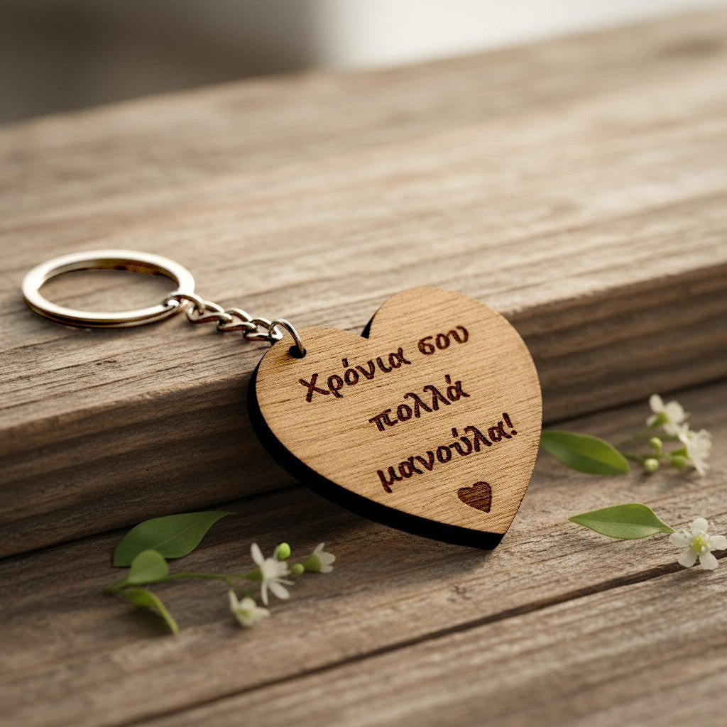 Wooderland heart-shaped wooden keyring with Greek Mother's Day engraving on a rustic wooden surface with flowers.
