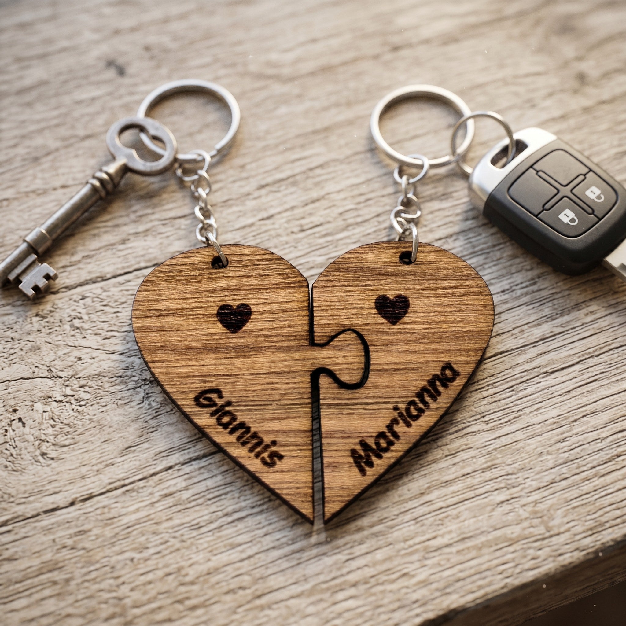 Wooderland wooden heart puzzle keyring set with engraved names Giannis and Marianna on a rustic wooden surface