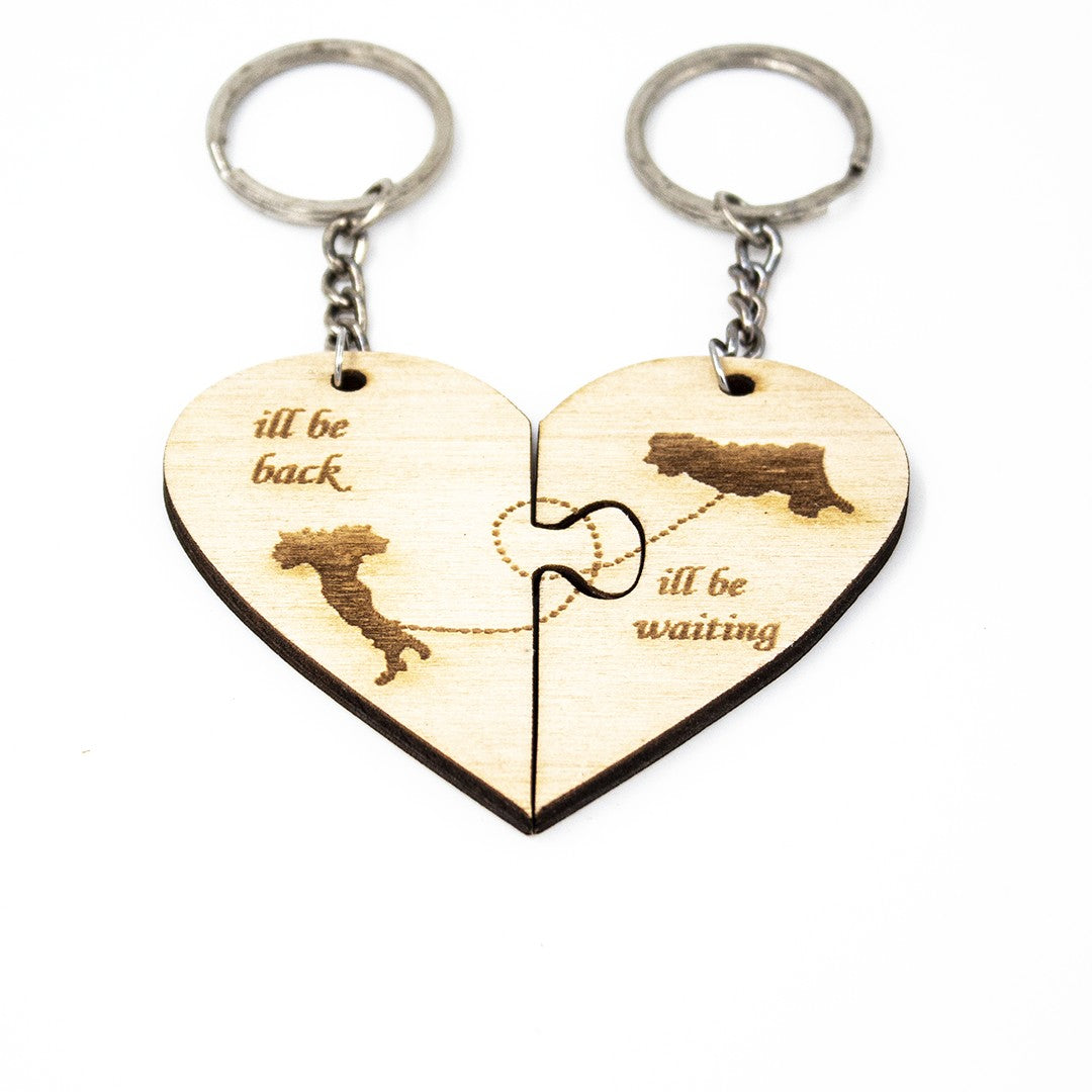 Wooderland wooden heart puzzle keyrings with engraved map and Waiting for You text for couples