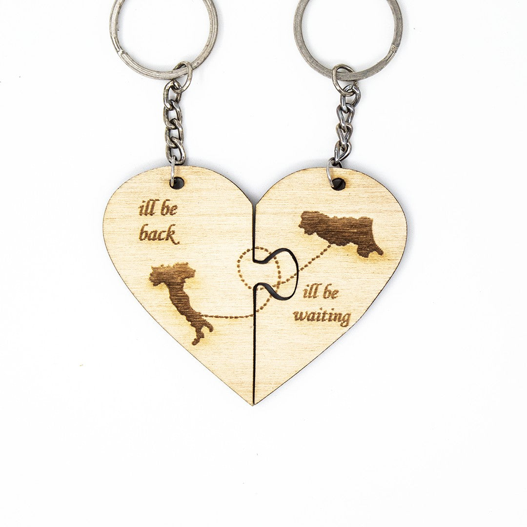 Wooderland wooden heart puzzle keyrings with engraved Italy map and Waiting for You text for couples