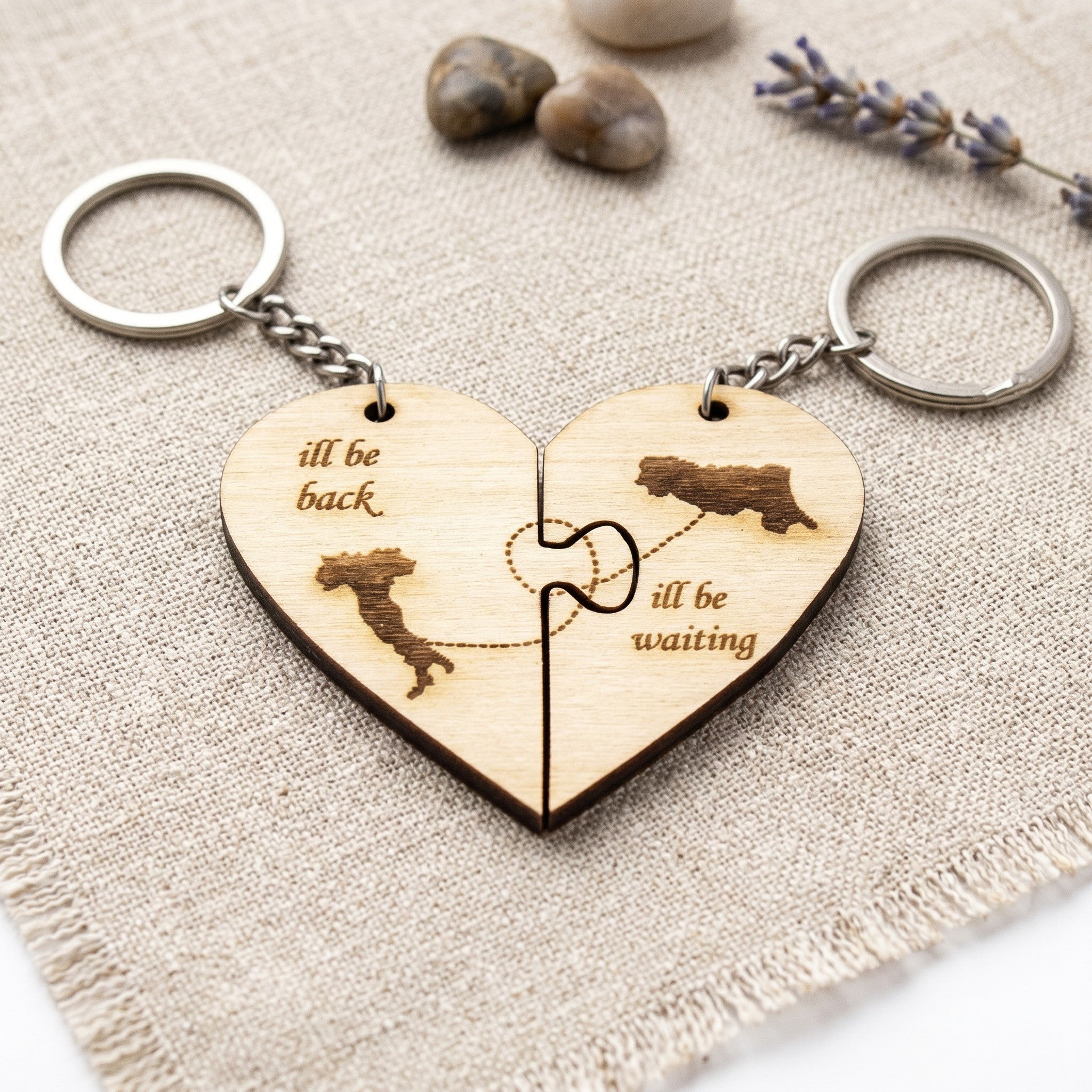 Wooderland wooden heart-shaped puzzle keyrings with engraved map and ill be back waiting text for couples