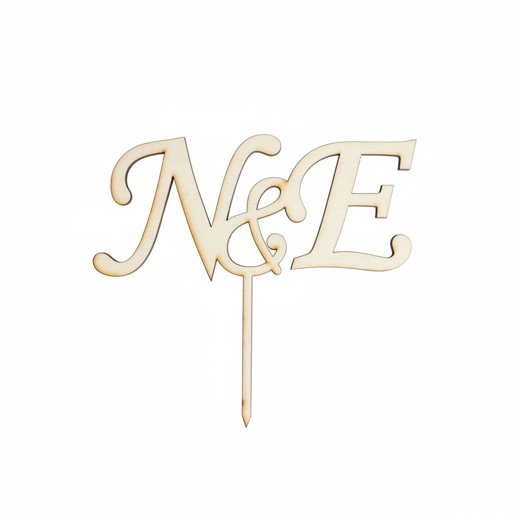 Wooderland custom laser-cut wooden cake topper featuring two elegant monogram initials for a wedding cake