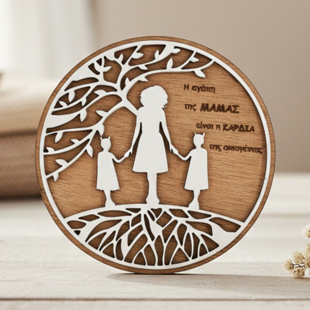 Wooderland round wooden fridge magnet featuring a laser-cut mother and children silhouette under a tree design.
