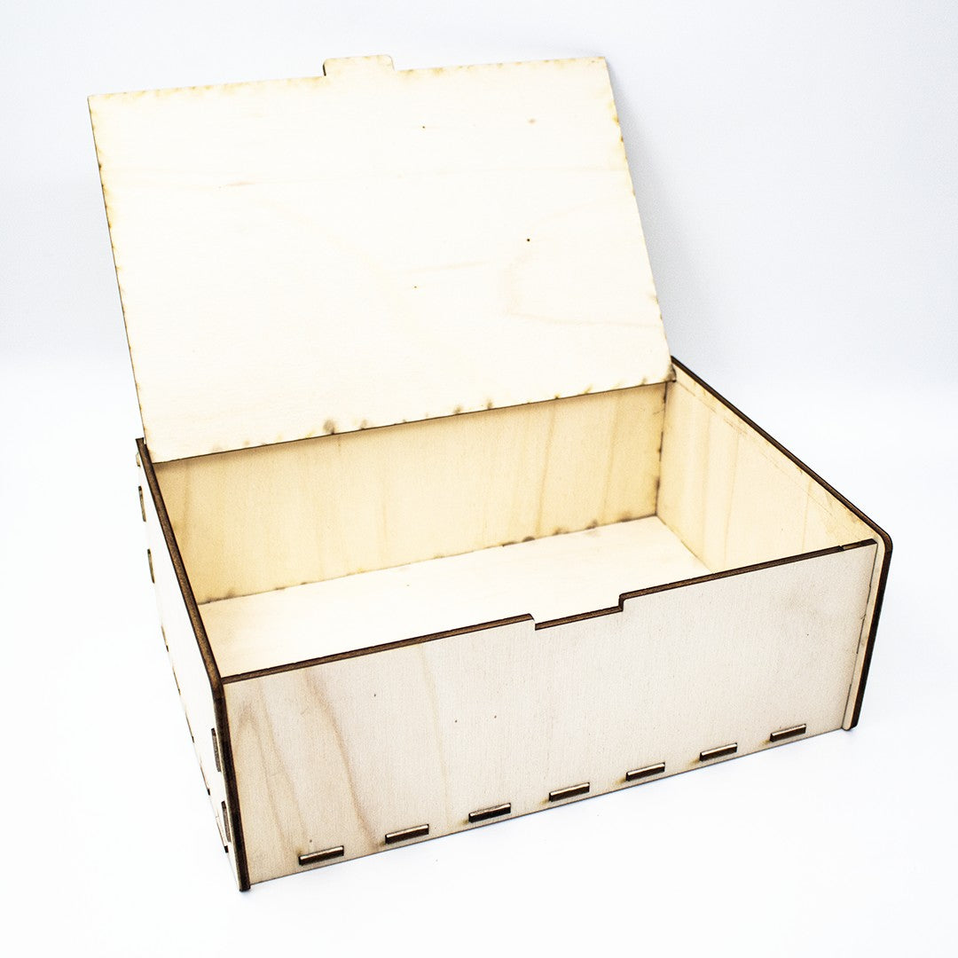 Wooderland wooden storage box with a hinged lid and light natural wood finish, shown open on a white background.
