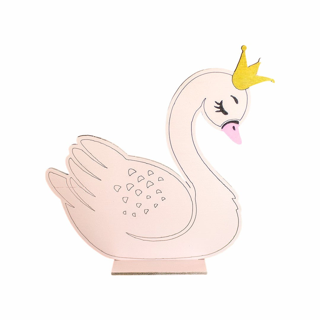 Wooderland freestanding wooden swan figure with a gold crown, perfect for christening or nursery decor.