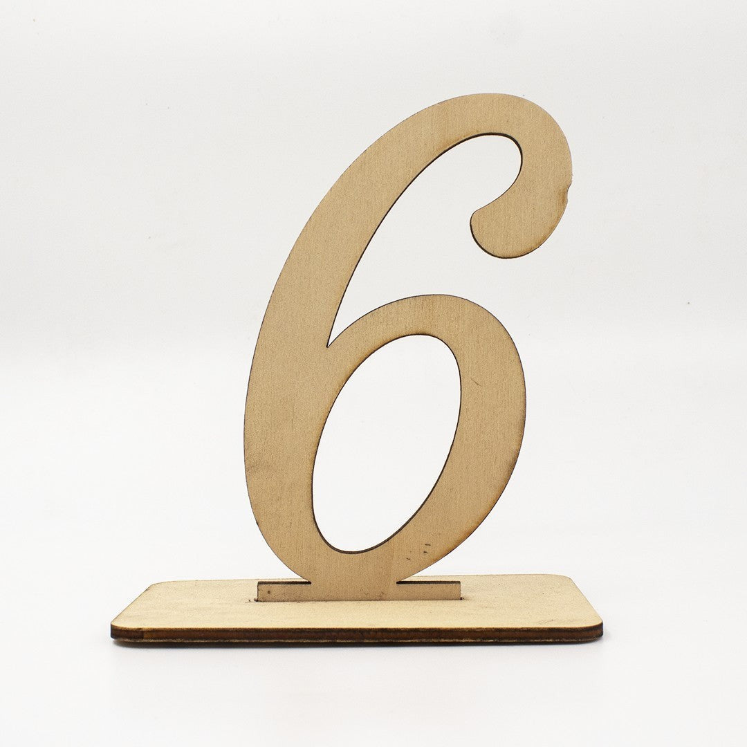 Wooderland rustic wooden table number six, 16cm tall, perfect for wedding or event decor.