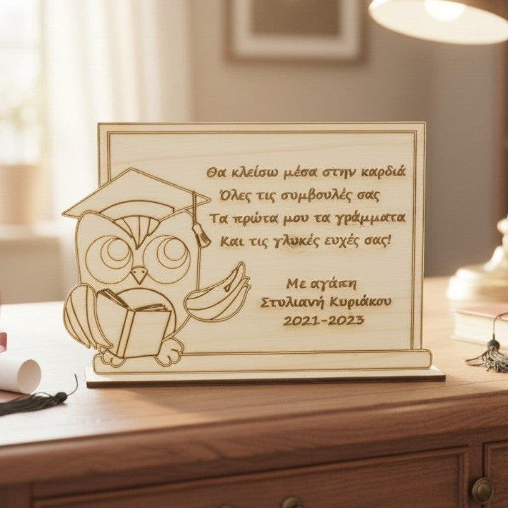 Wooderland wooden teacher appreciation plate with owl engraving and heartfelt message on a desk