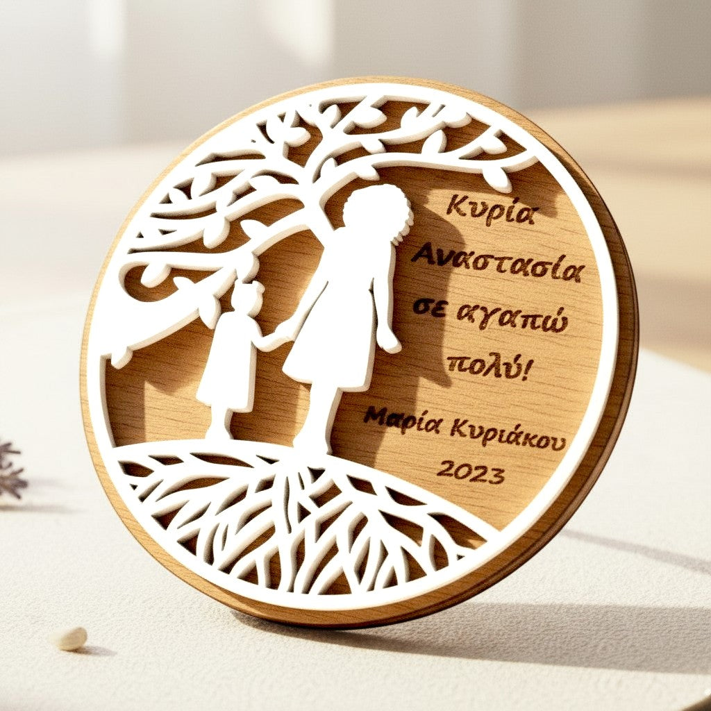 Wooderland round wooden fridge magnet with white laser-cut tree and teacher-student silhouette, featuring Greek engraving.