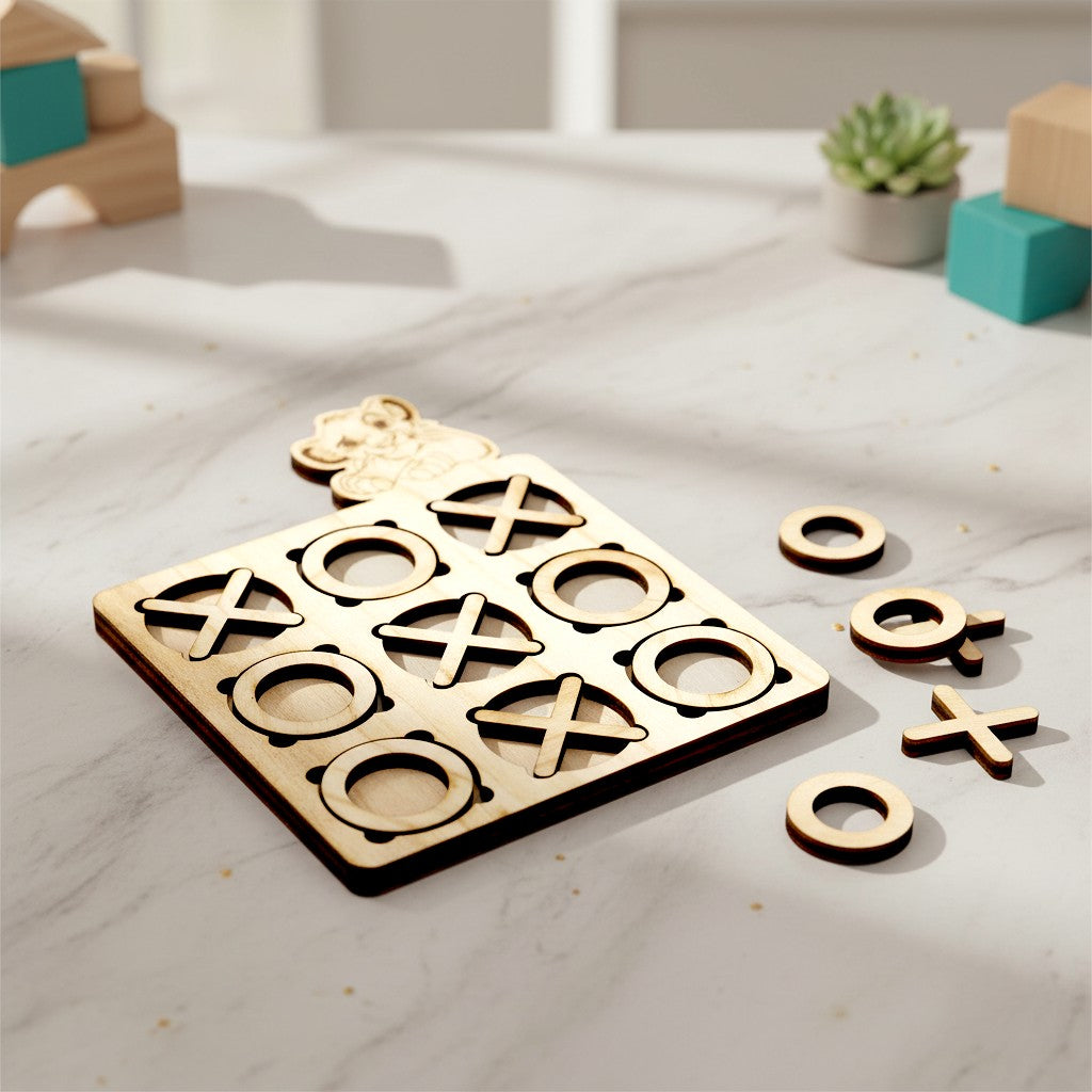 Wooderland custom wooden tic-tac-toe game board with engraved bear detail and circular and cross game pieces.