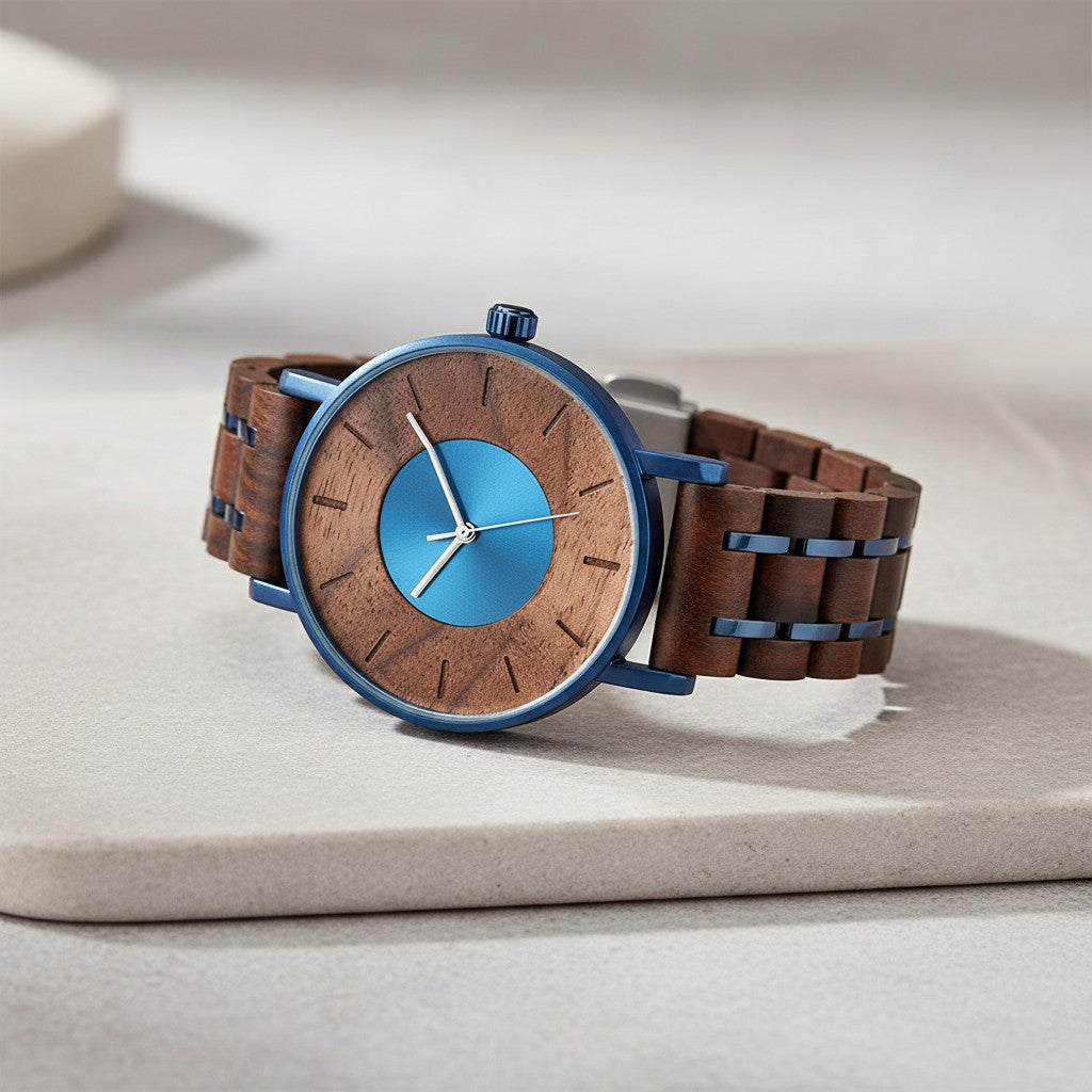 Wooderland Earth Watch featuring a natural wood dial with a metallic blue center and matching alloy wood strap.
