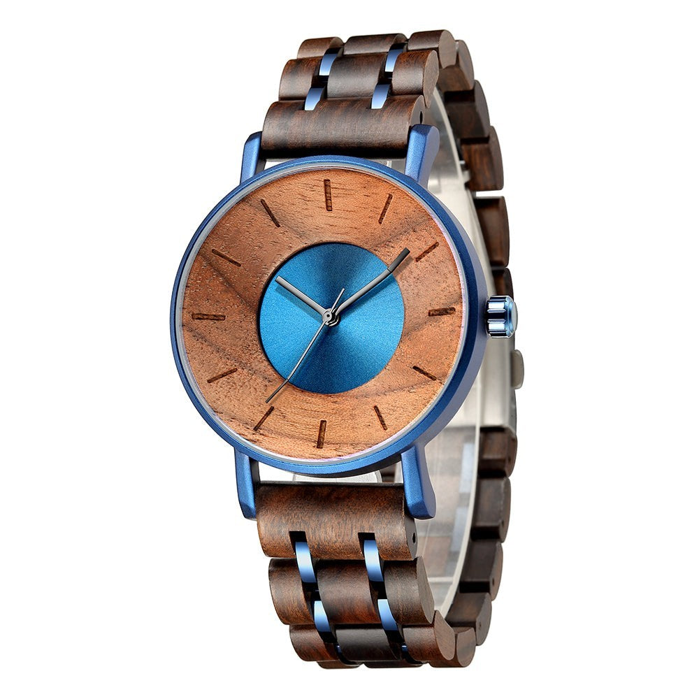 Wooderland Earth Watch featuring a natural wood dial with a metallic blue center and matching alloy wood link strap.
