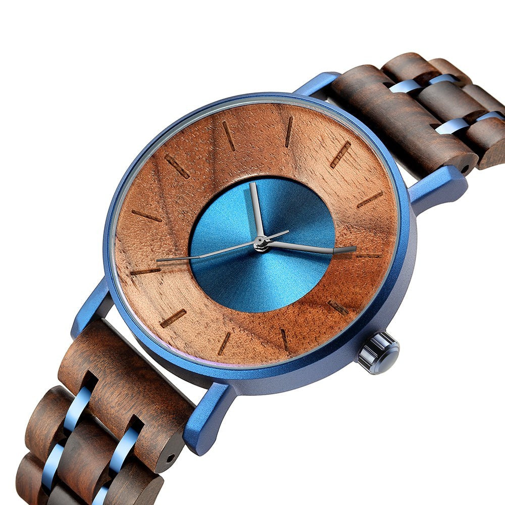 Wooderland Earth Watch featuring a natural wood dial with a metallic blue center and matching alloy wood strap.