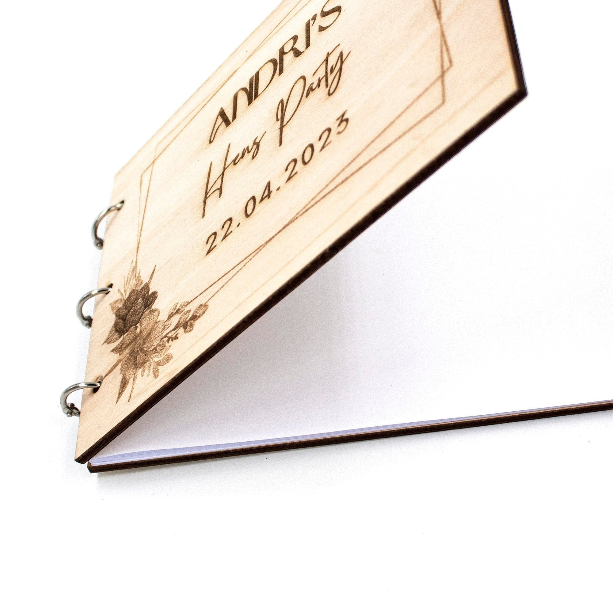 Wooderland A5 wooden wish book with custom engraved floral design and text for a hen party on a white background