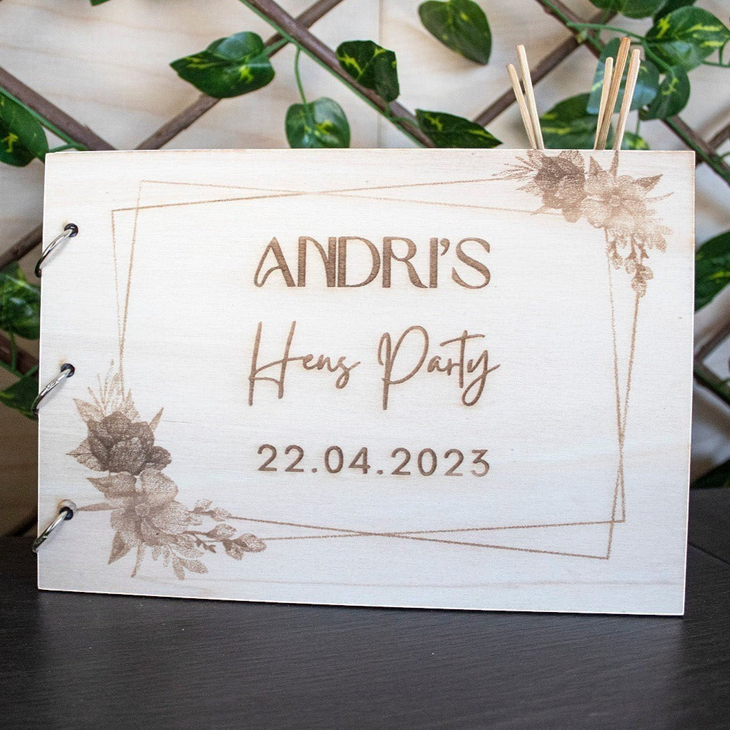 Wooderland A5 wooden wish book with floral engraving, personalized for a hen party with date and custom text.
