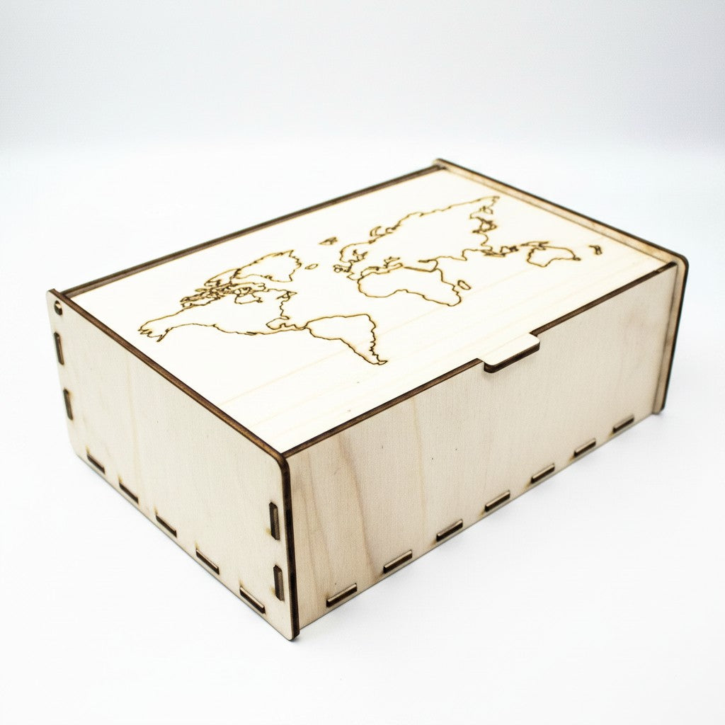 Wooderland wooden keepsake box featuring a detailed laser-engraved world map on the hinged lid.