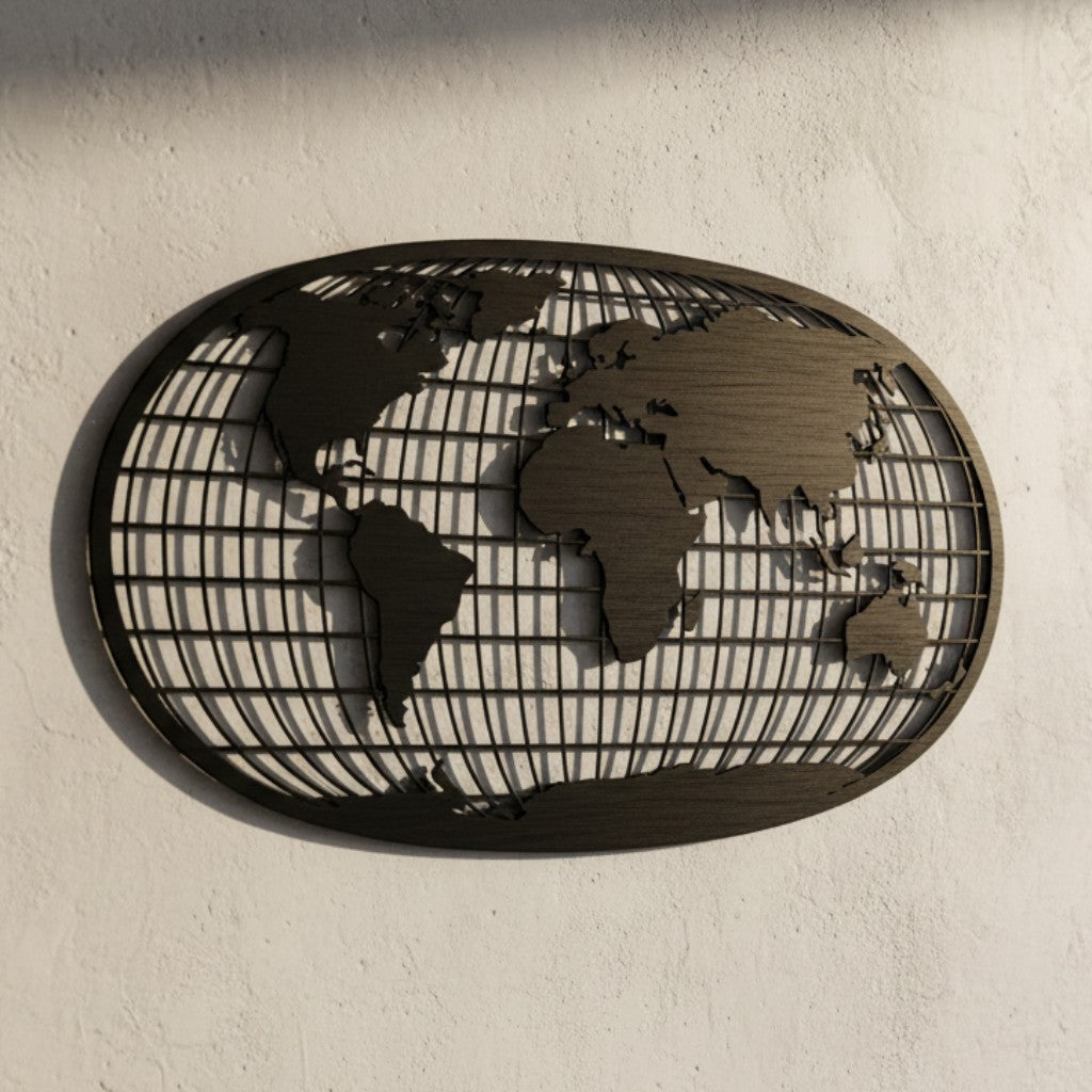 Wooderland wooden world map wall art with a rustic dark finish mounted on a textured white wall