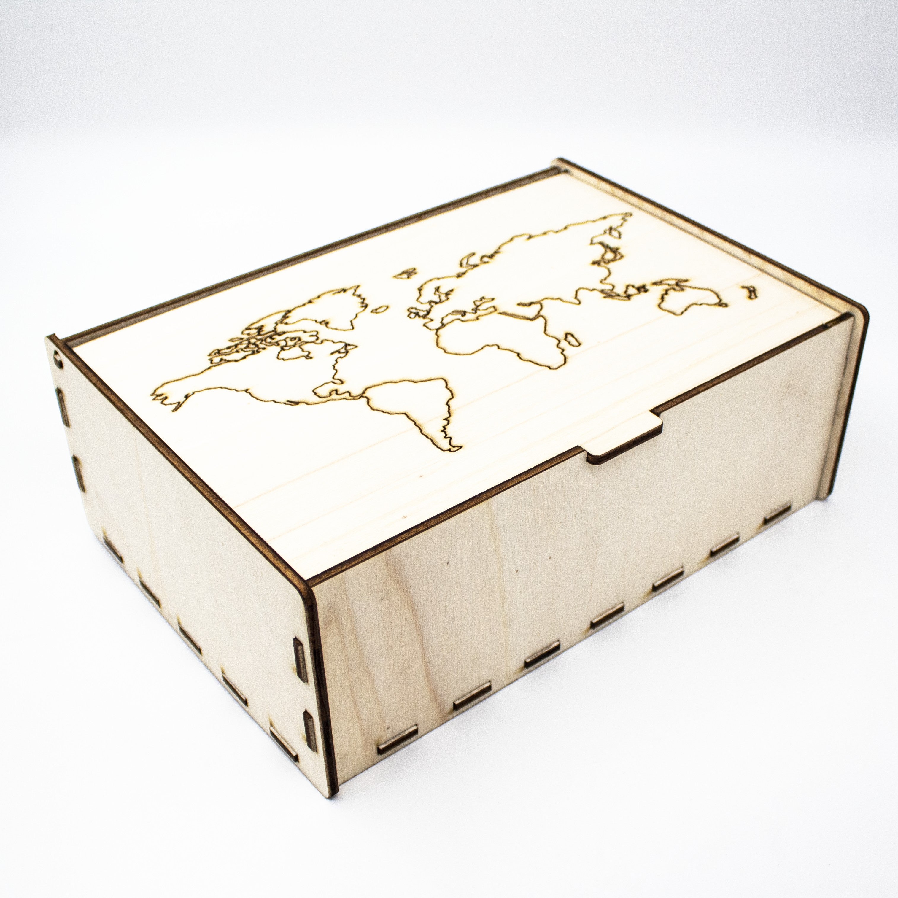 Wooderland wooden keepsake box featuring a detailed laser-engraved world map on the lid.