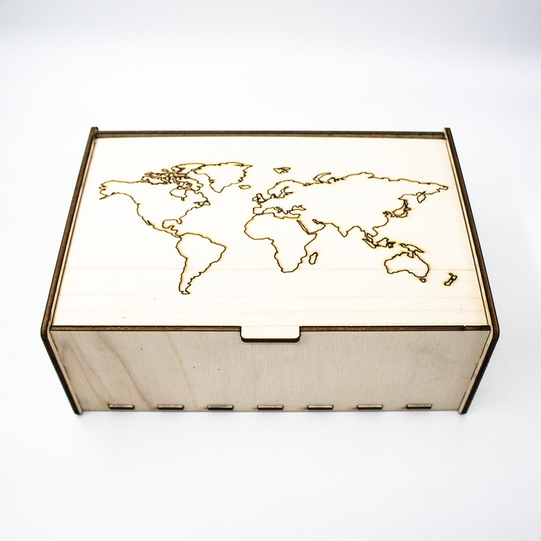 Wooderland wooden keepsake box with a detailed world map laser-engraved on the hinged lid