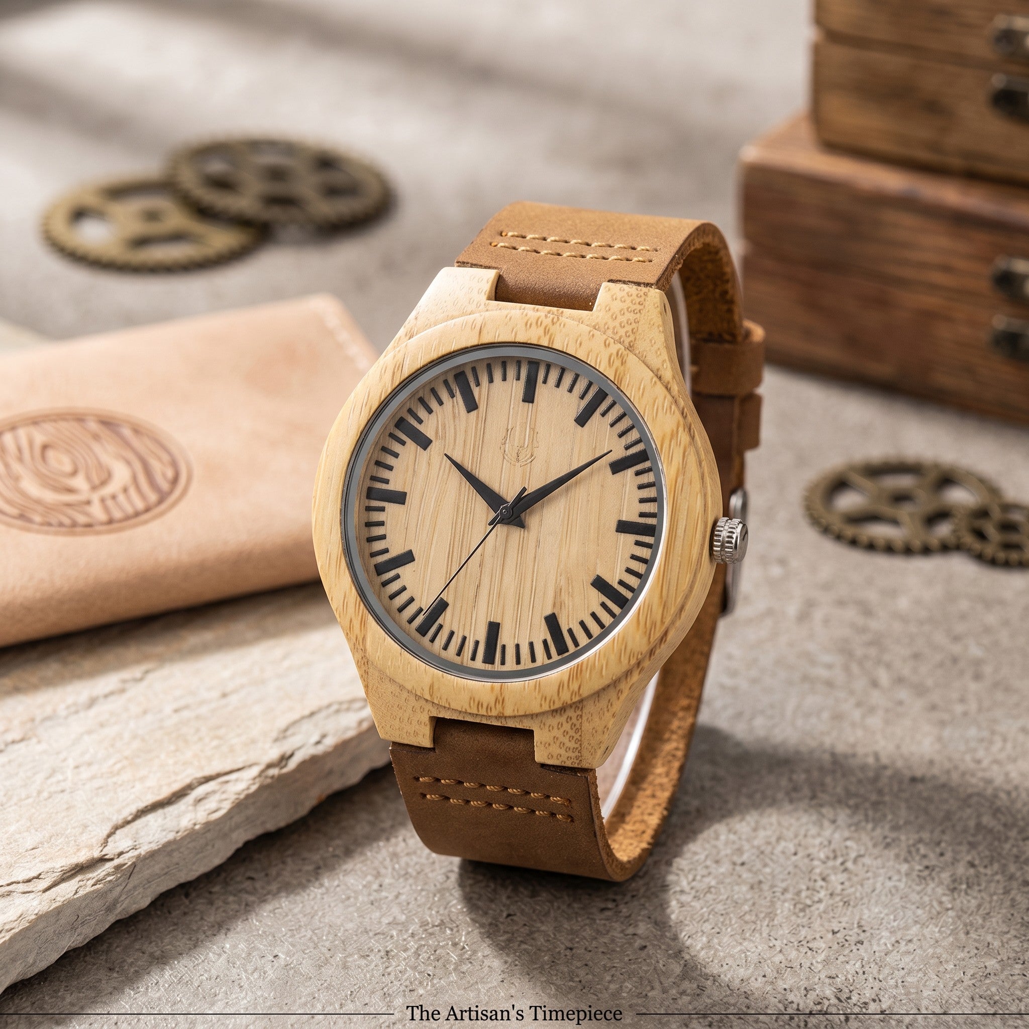 Wooderland Zeus watch with natural light wood case, striped dial, and brown leather strap on a stone surface.