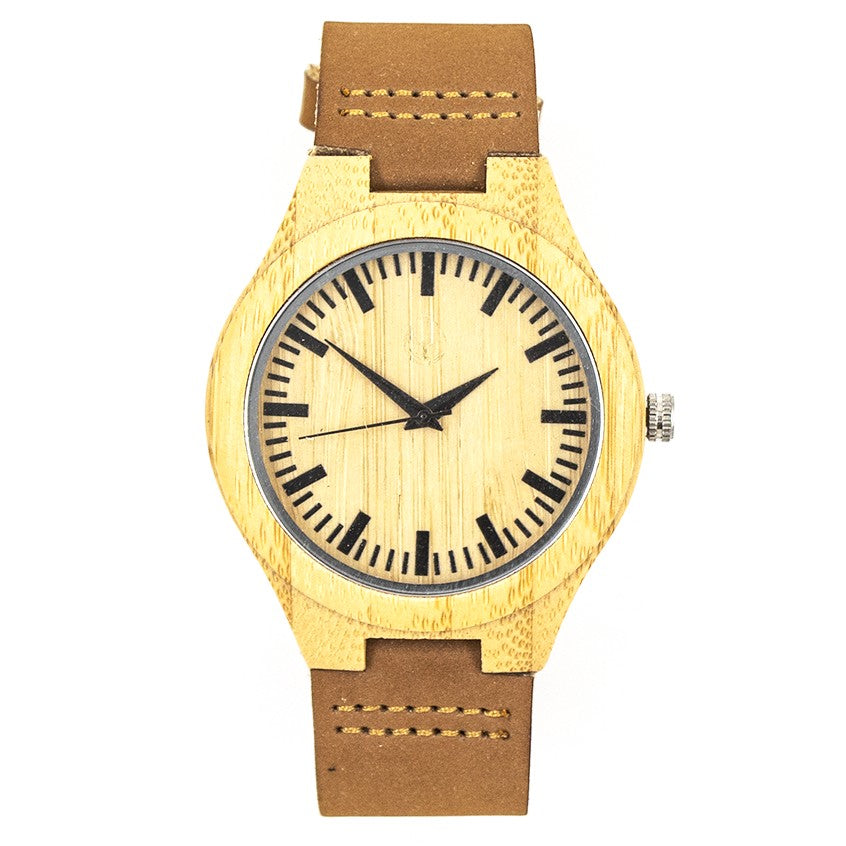 Wooderland Zeus watch featuring a natural light wood case, zebra wood dial, and brown leather strap.