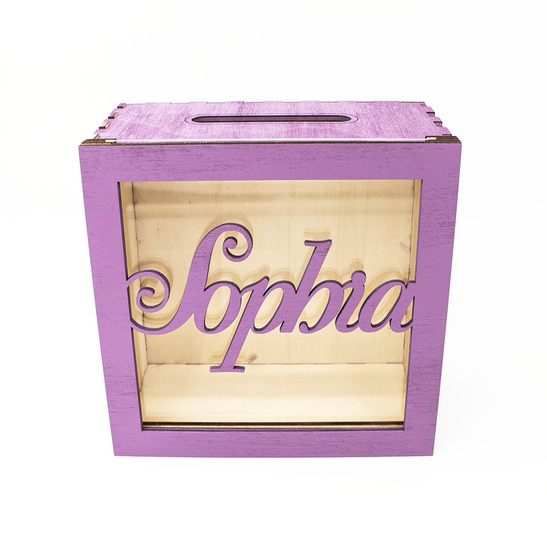 Personalized wooden money box with clear acrylic face for custom engraving. A thoughtful and unique gift for any occasion. Made from high-quality wood.